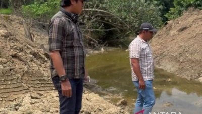 DLH Kaltim - Tim verifikasi lapangan DLH Kaltim saat melakukan peninjauan lokasi dugaan pembendungan sungai oleh perusahaan sawit PT SAI di Kutai Timur.